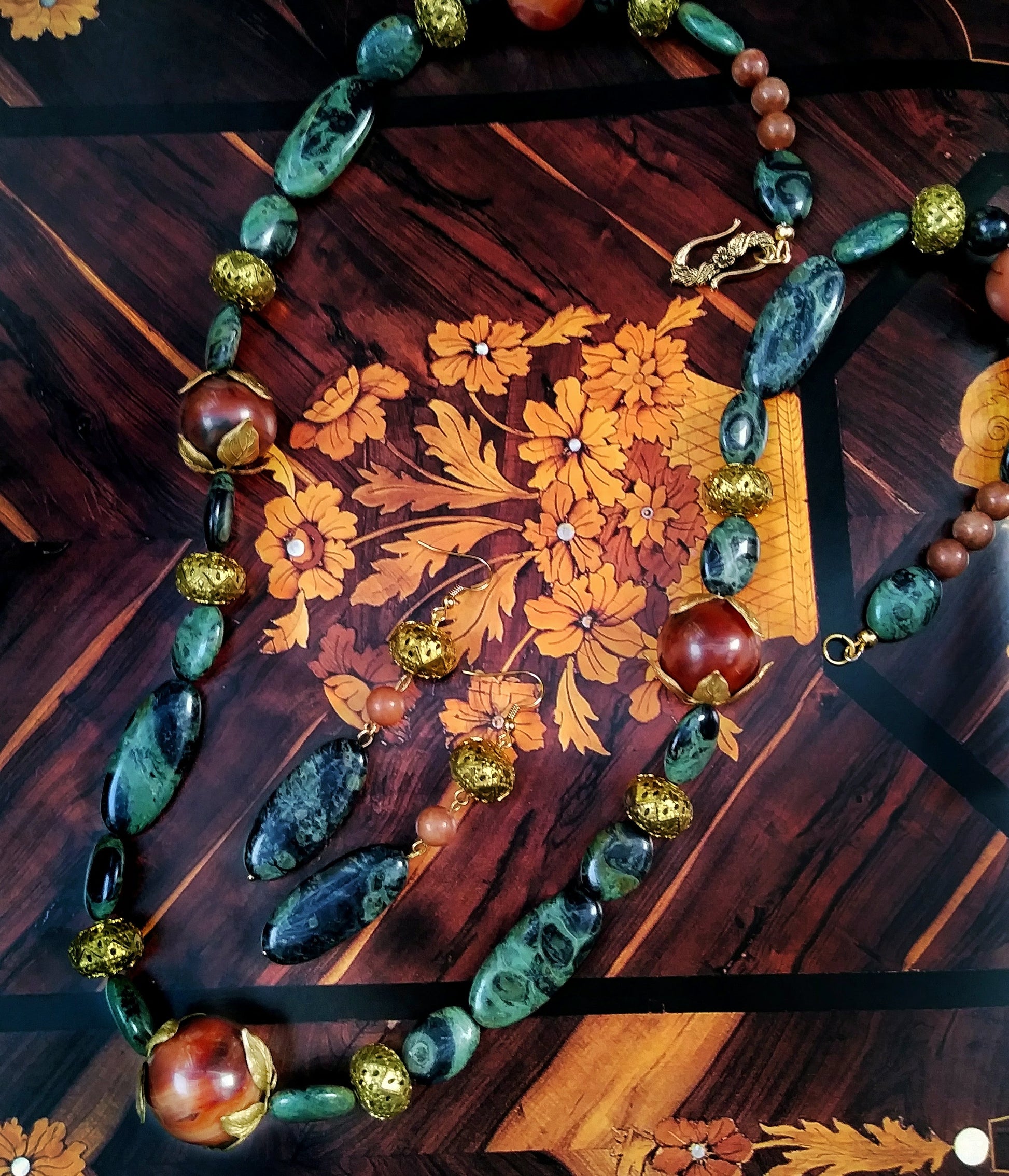 Art Nouveau Kambaba Jasper Upcycled Agate Necklace Earring Jewelry Set