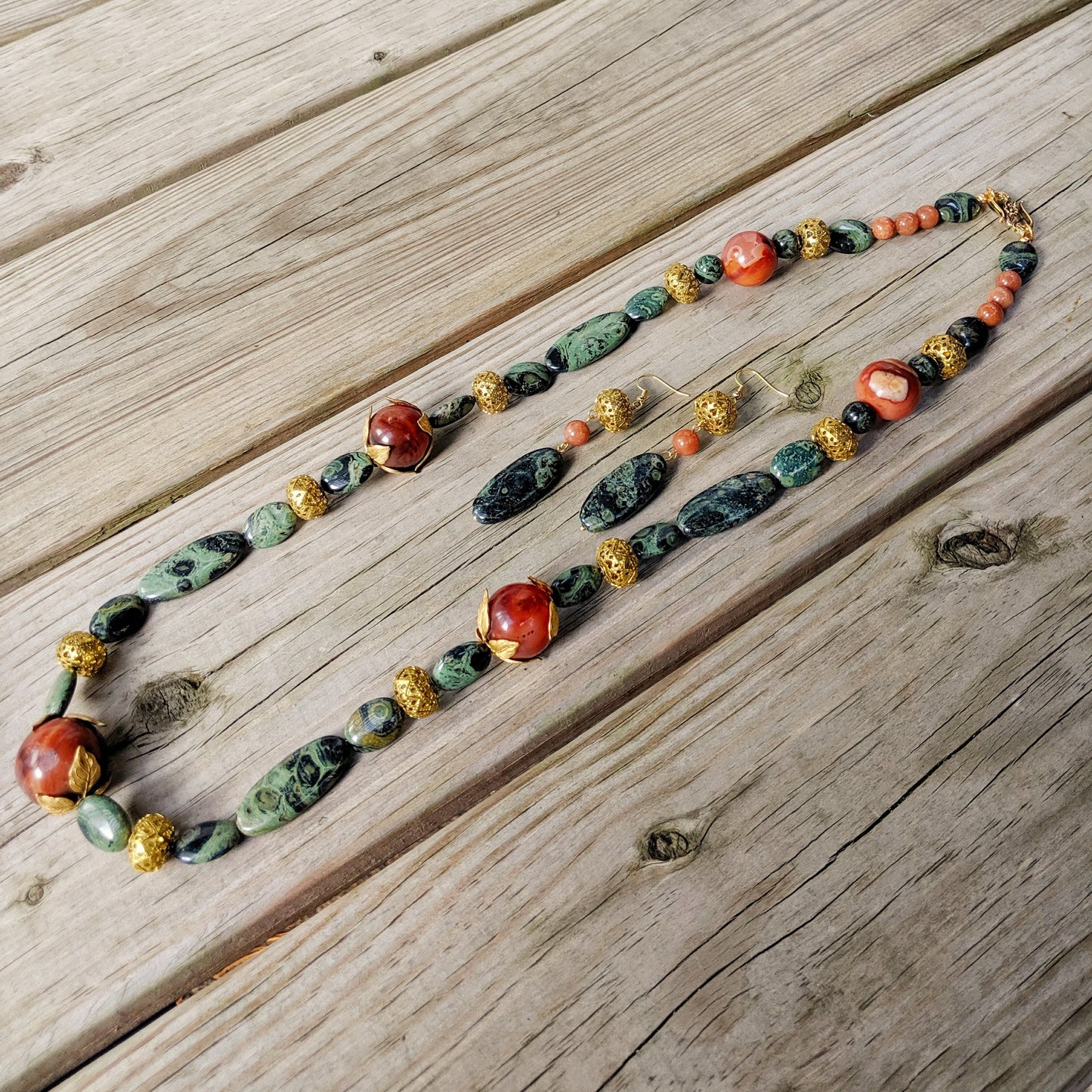 Art Nouveau Kambaba Jasper Upcycled Agate Necklace Earring Jewelry Set