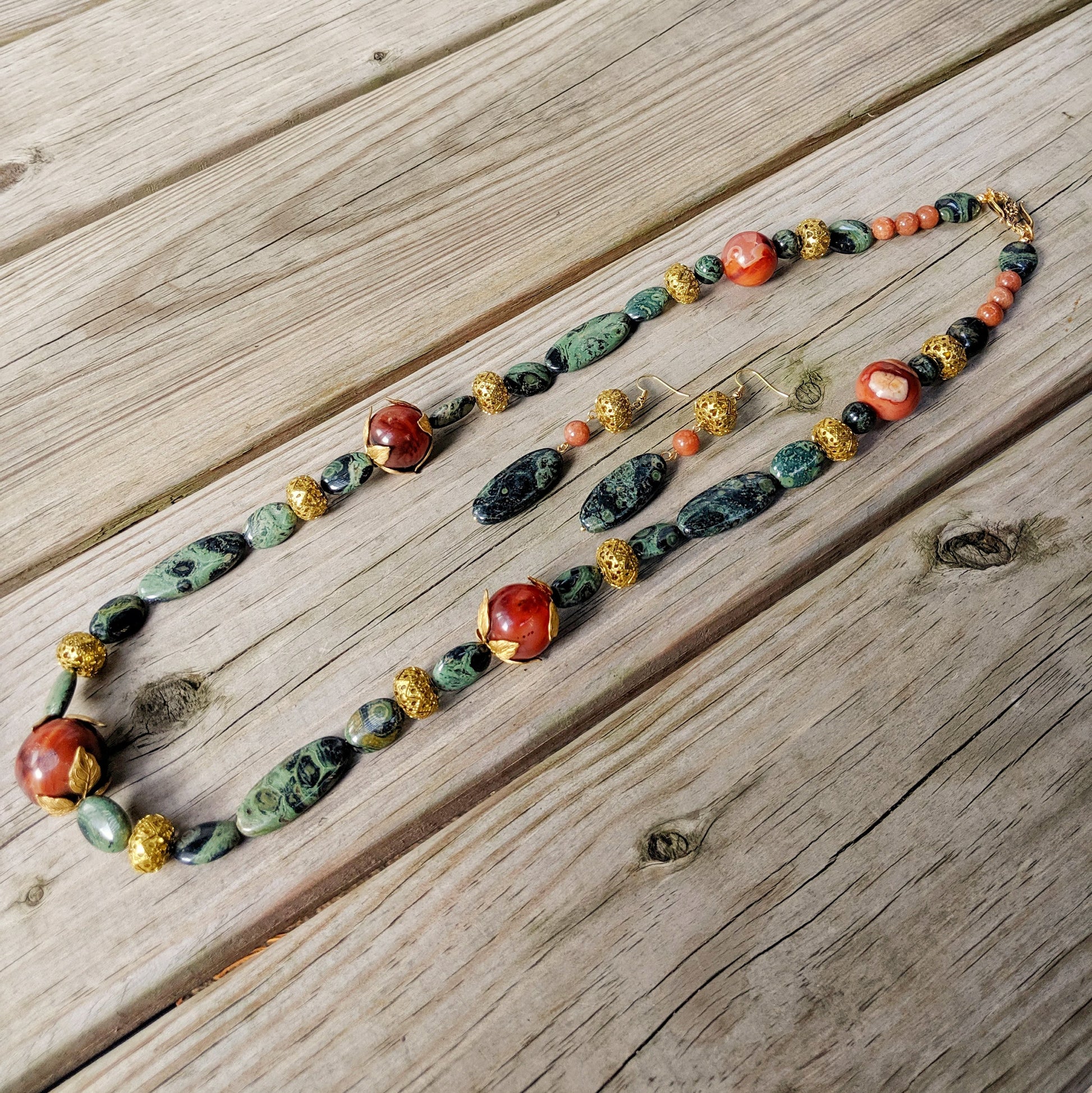 Art Nouveau Kambaba Jasper Upcycled Agate Necklace Earring Jewelry Set
