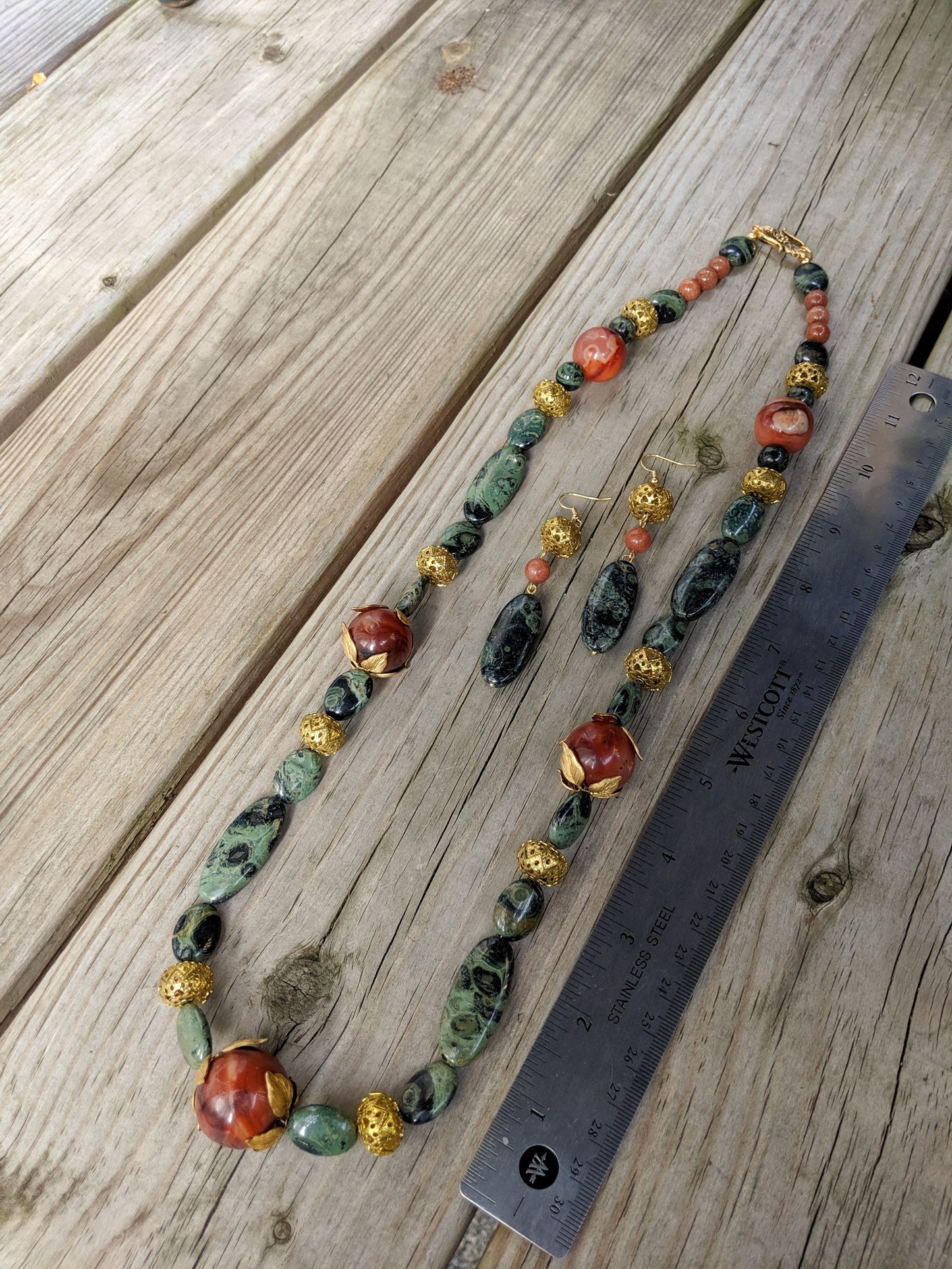 Art Nouveau Kambaba Jasper Upcycled Agate Necklace Earring Jewelry Set