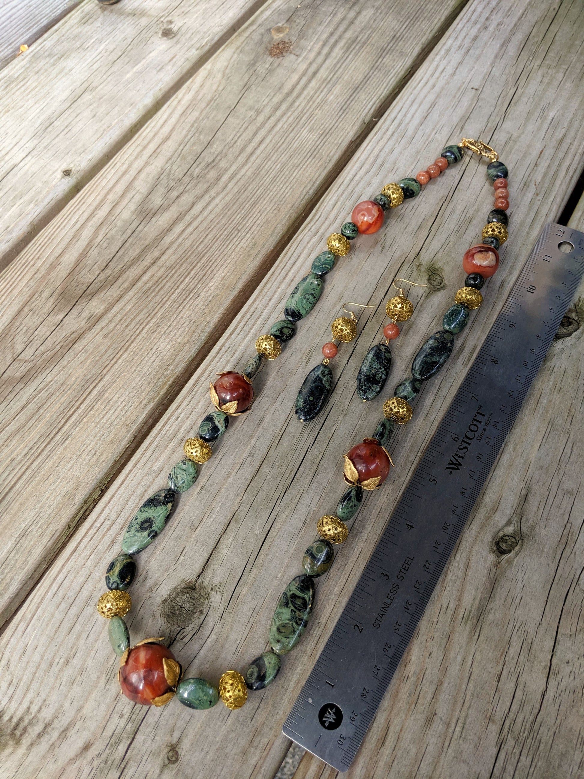 Art Nouveau Kambaba Jasper Upcycled Agate Necklace Earring Jewelry Set
