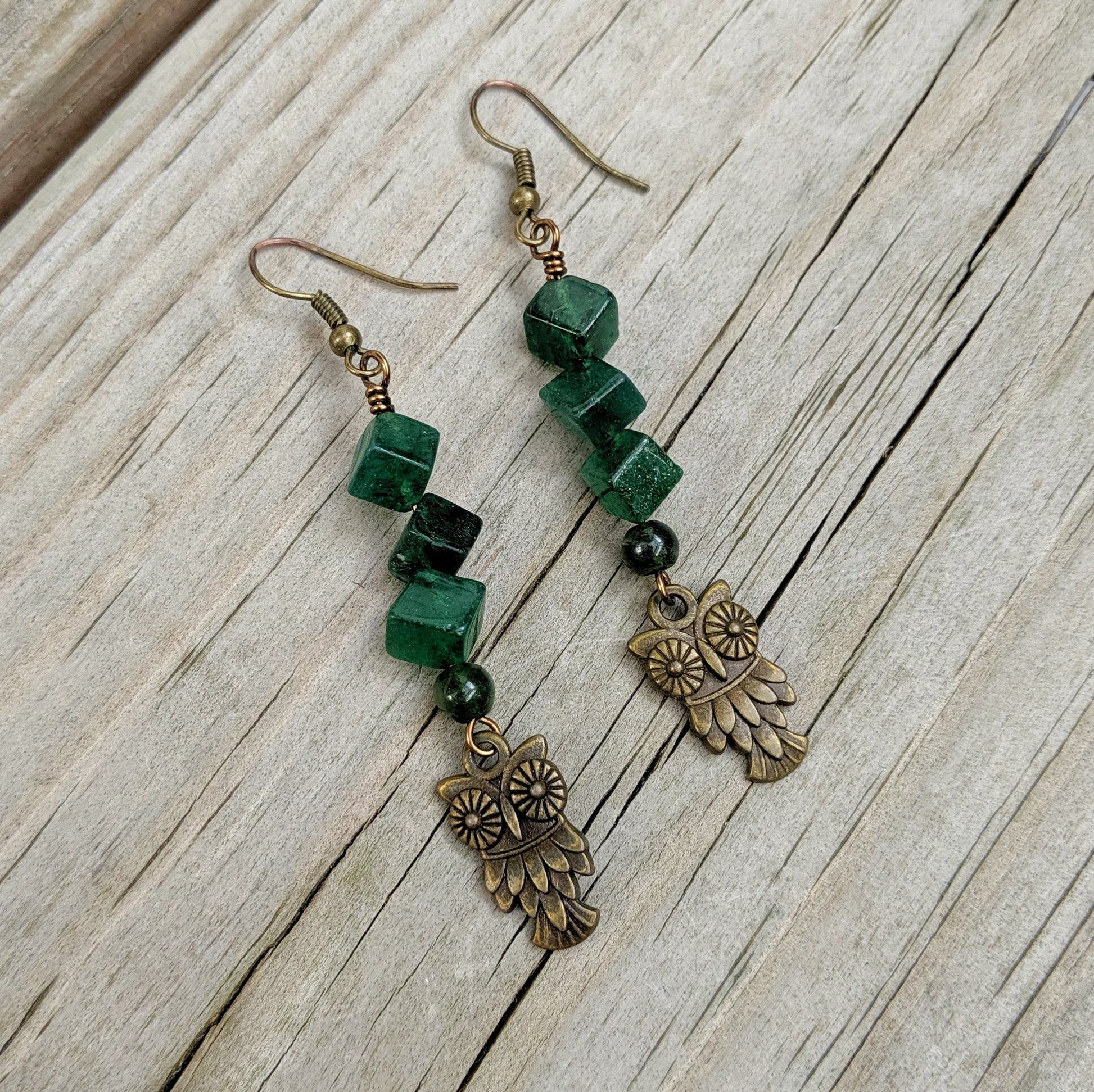 Forest Green Aventurine Owl Dangle Earrings