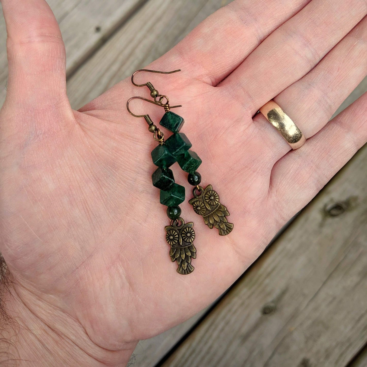 Forest Green Aventurine Owl Dangle Earrings
