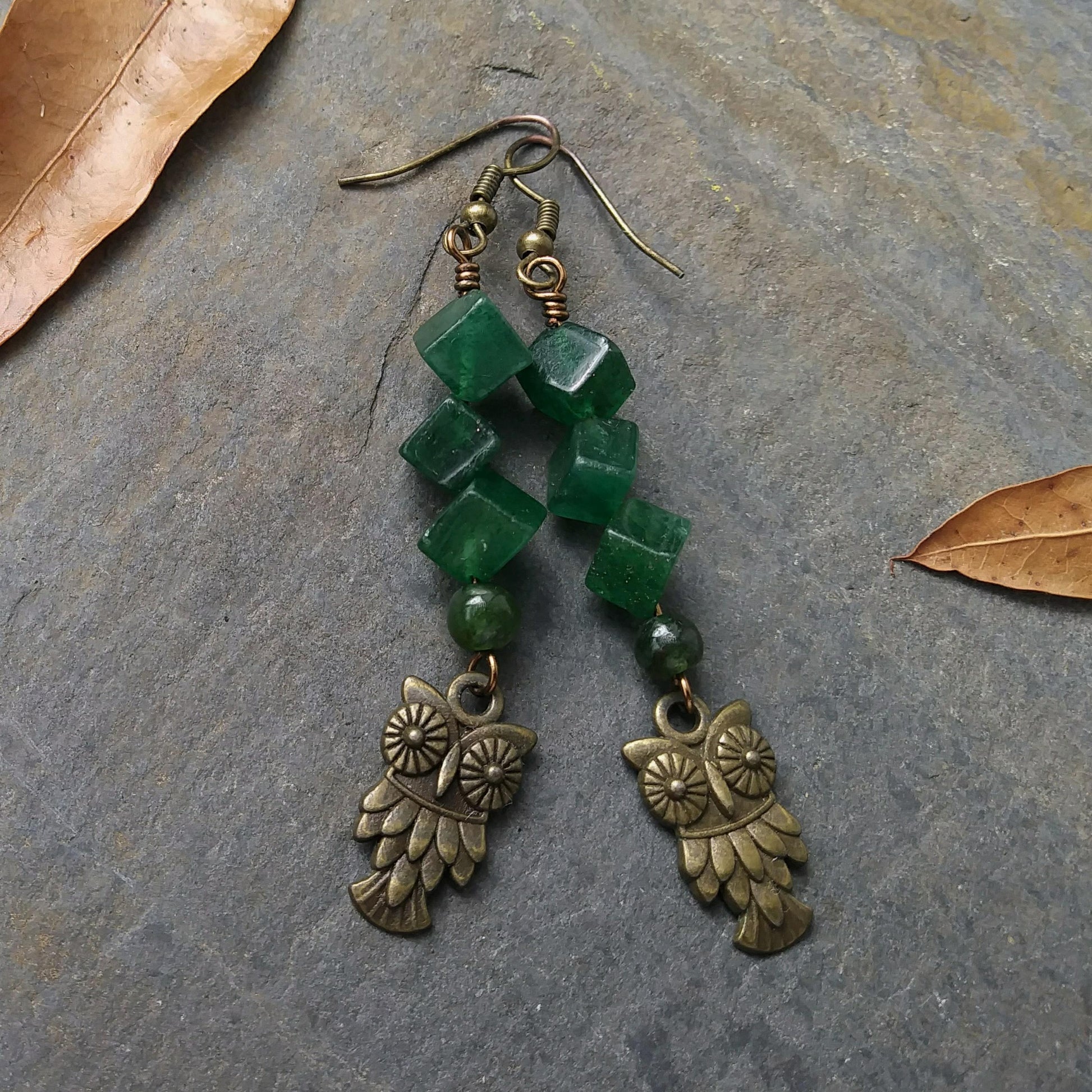 Forest Green Aventurine Owl Dangle Earrings