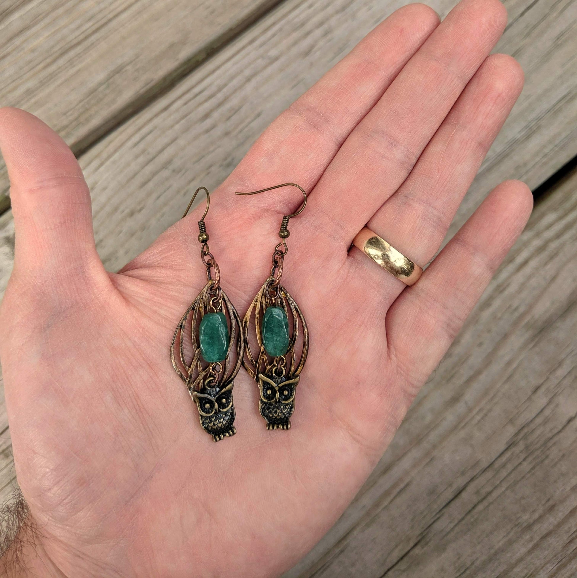 Owls in the Forest green aventurine earrings