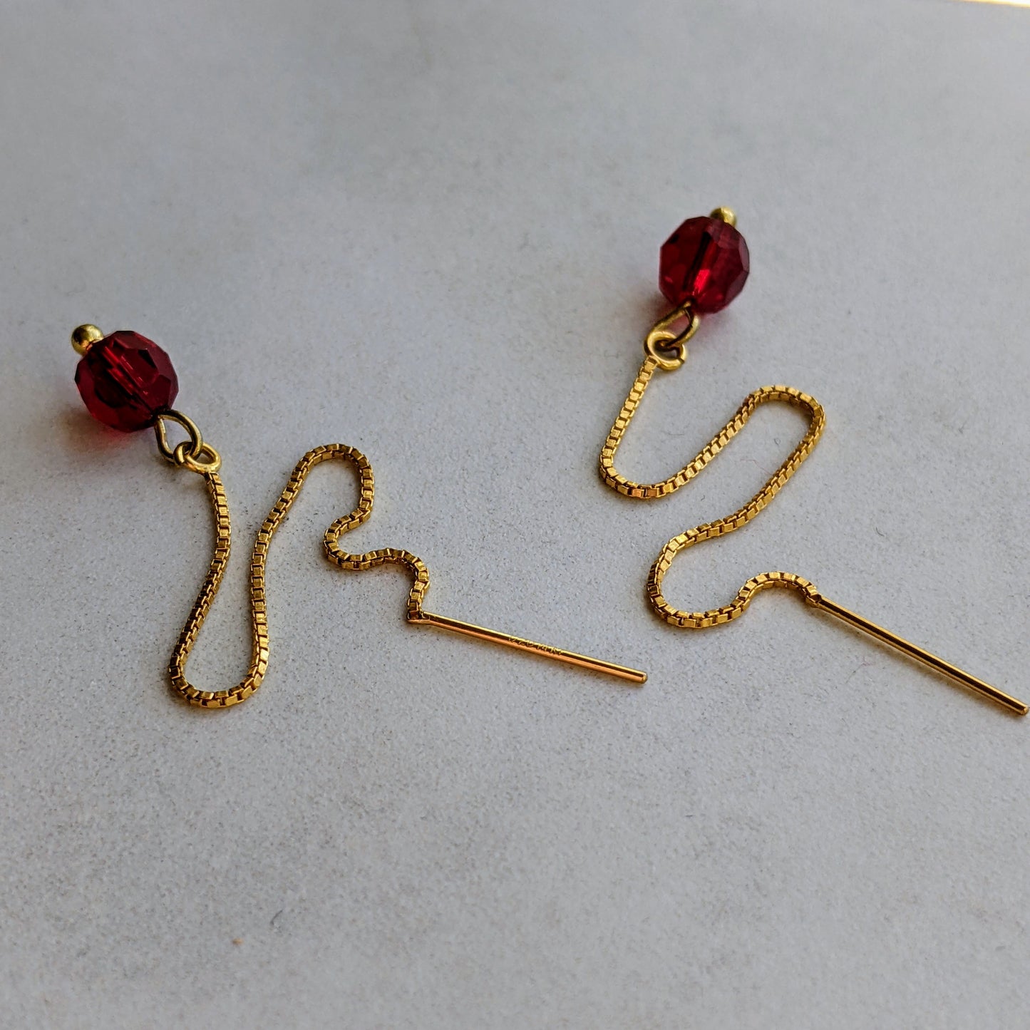 Red Austrian Crystal Threader Earrings - 14K Gold Filled Threads