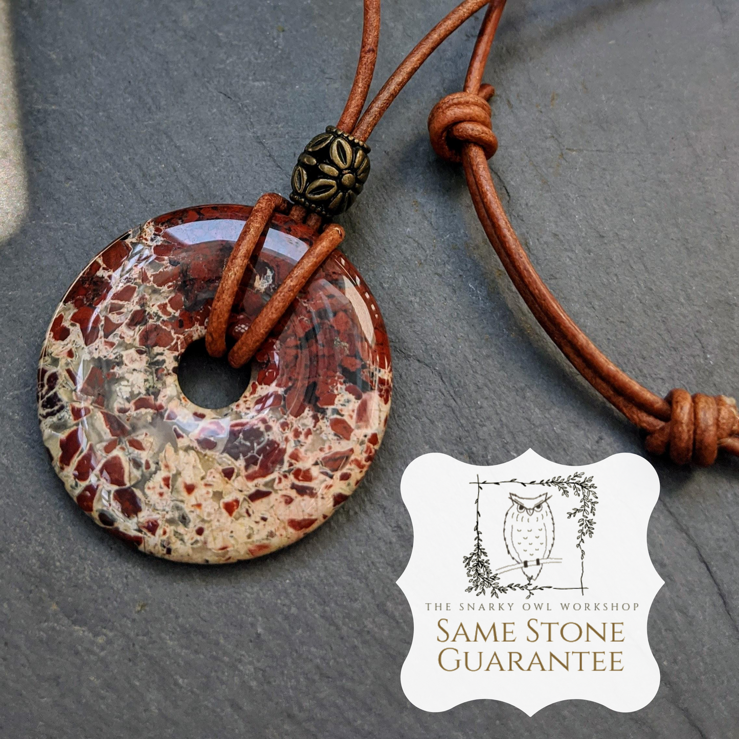 40mm Brecciated Red Jasper Stone Donut on sliding knot leather cord