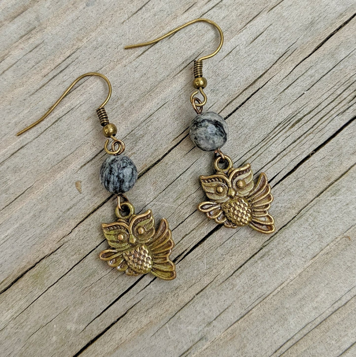 Spiderweb Jasper Owl Dangle Earrings