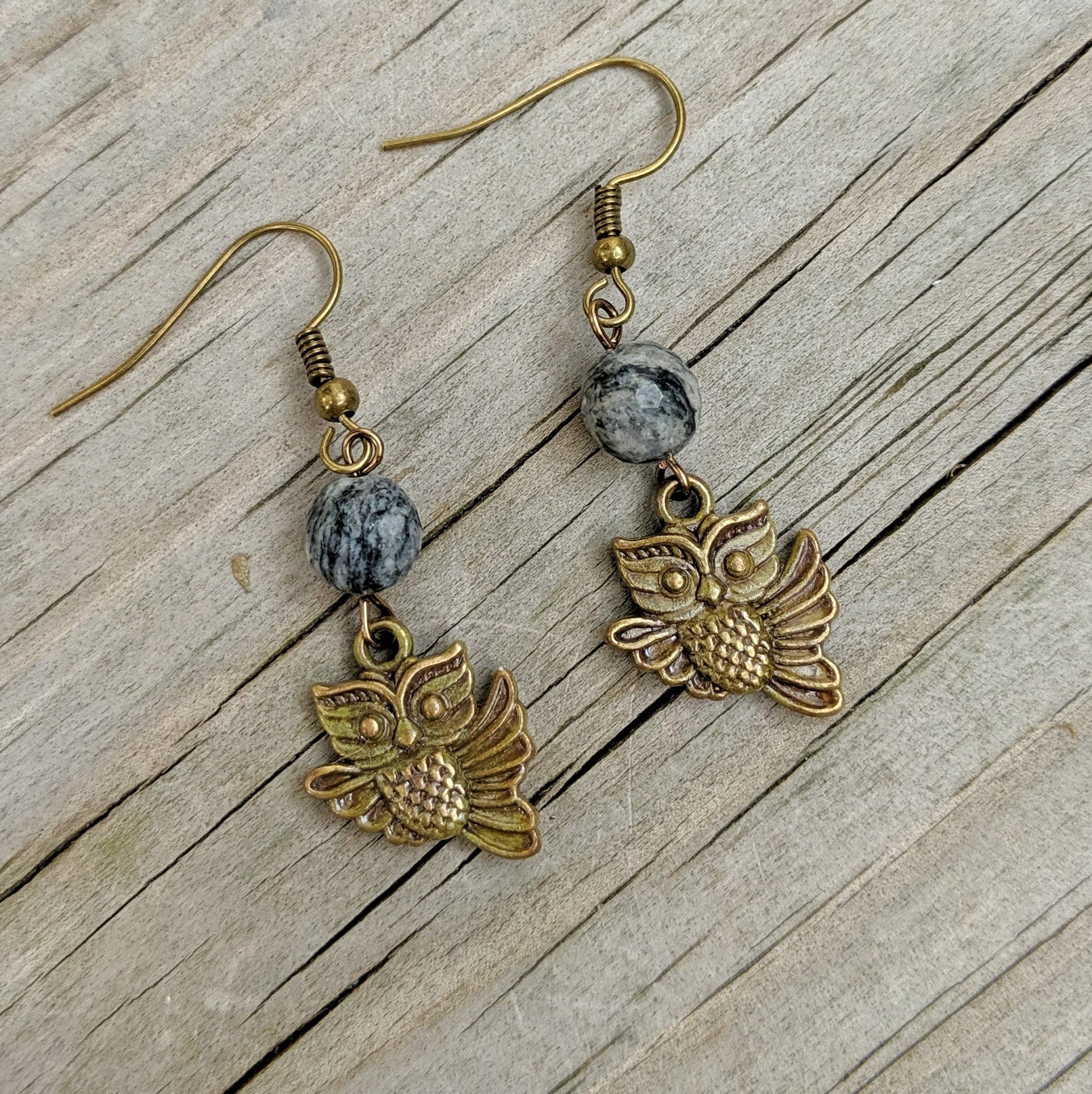 Spiderweb Jasper Owl Dangle Earrings