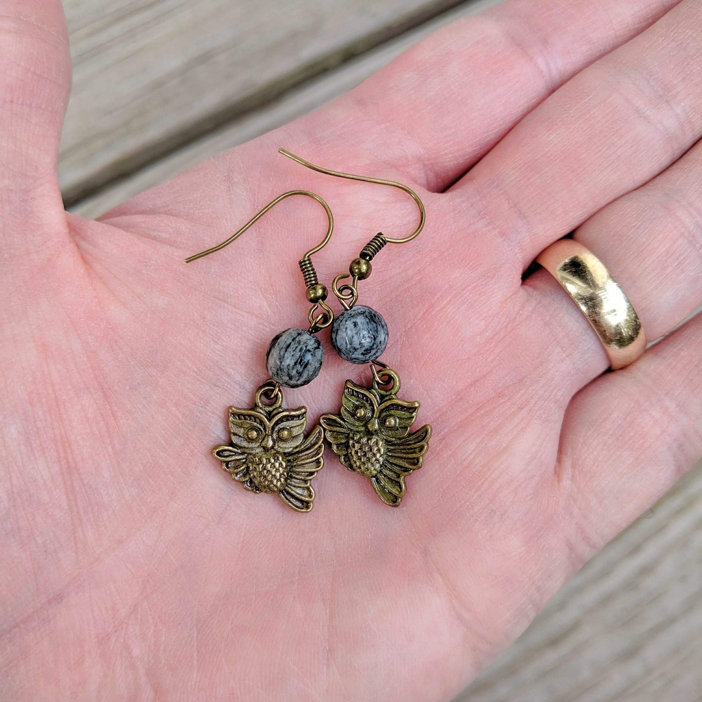 Spiderweb Jasper Owl Dangle Earrings