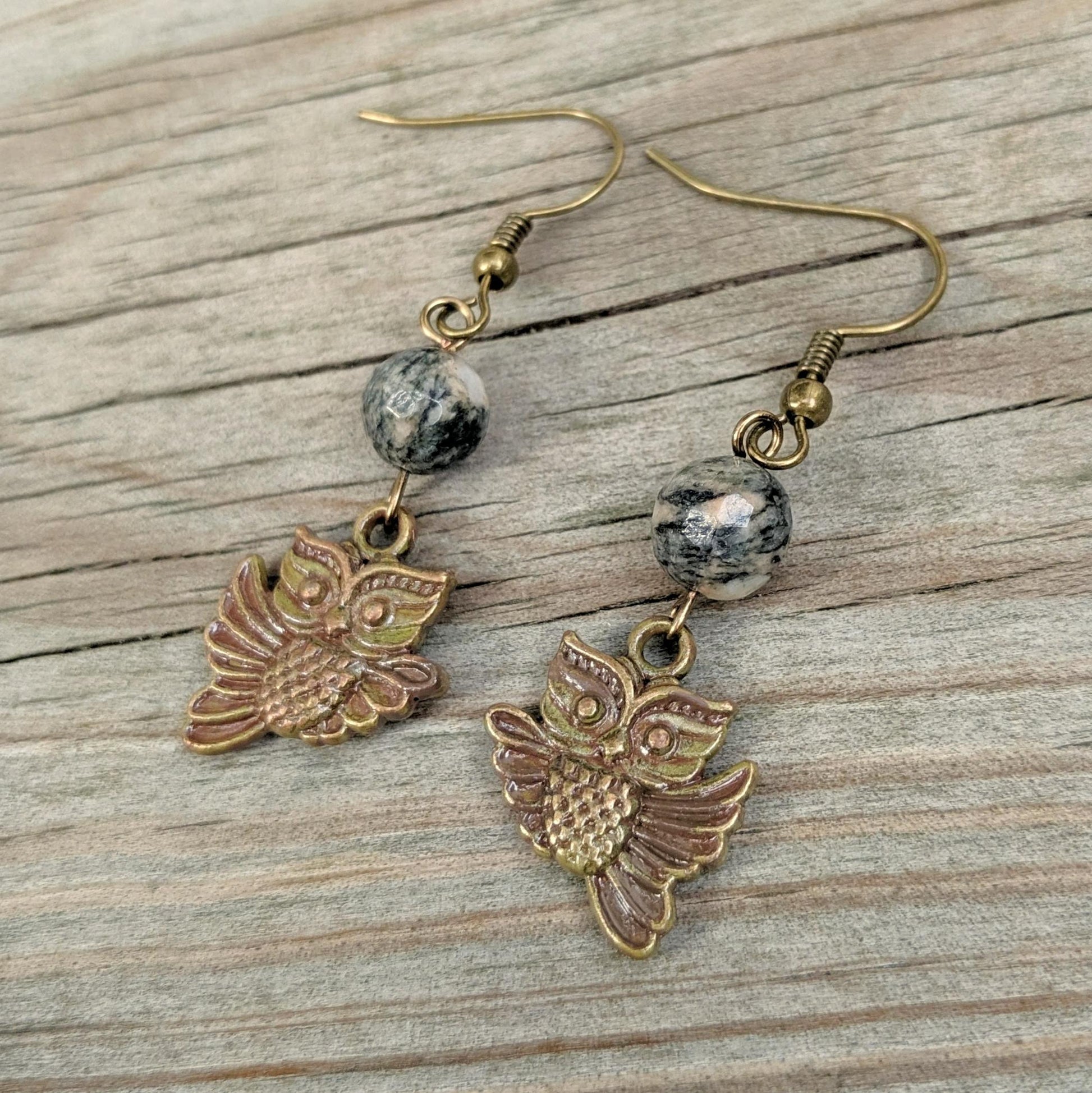 Spiderweb Jasper Owl Dangle Earrings
