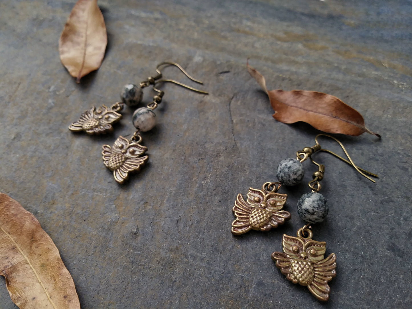 Spiderweb Jasper Owl Dangle Earrings