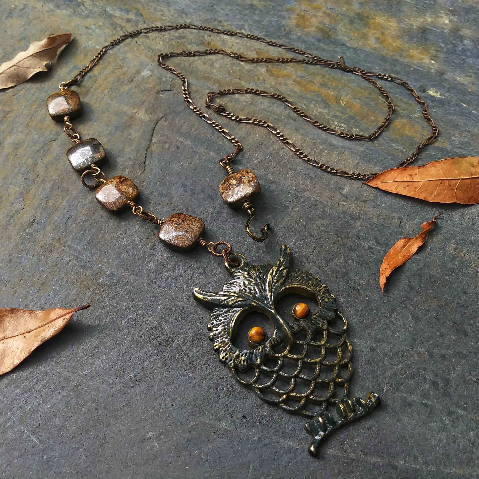 Tigers Eye and Bronzite Brass Owl Pendant