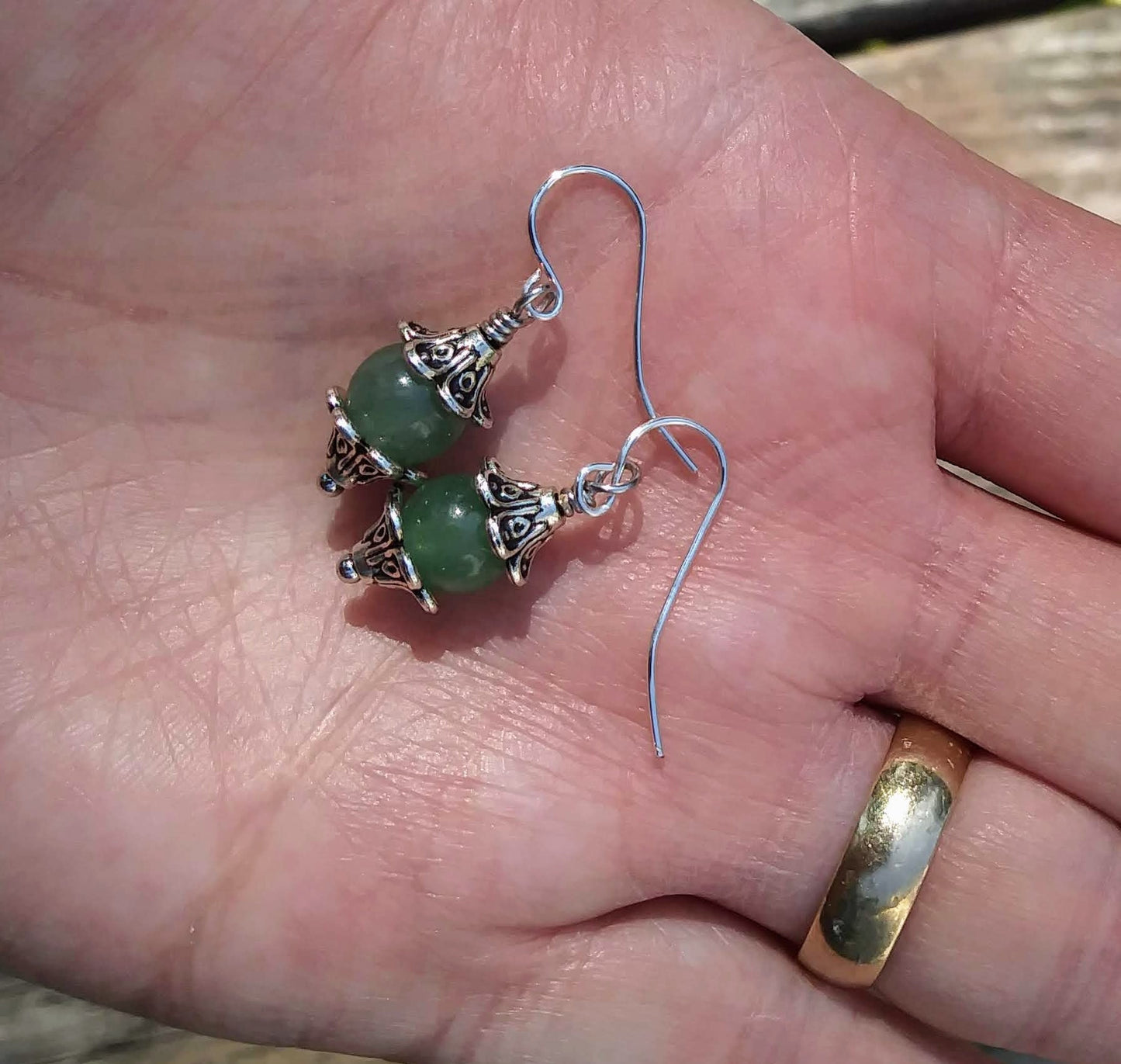 Green Aventurine & Silver Floral Dangle Earrings