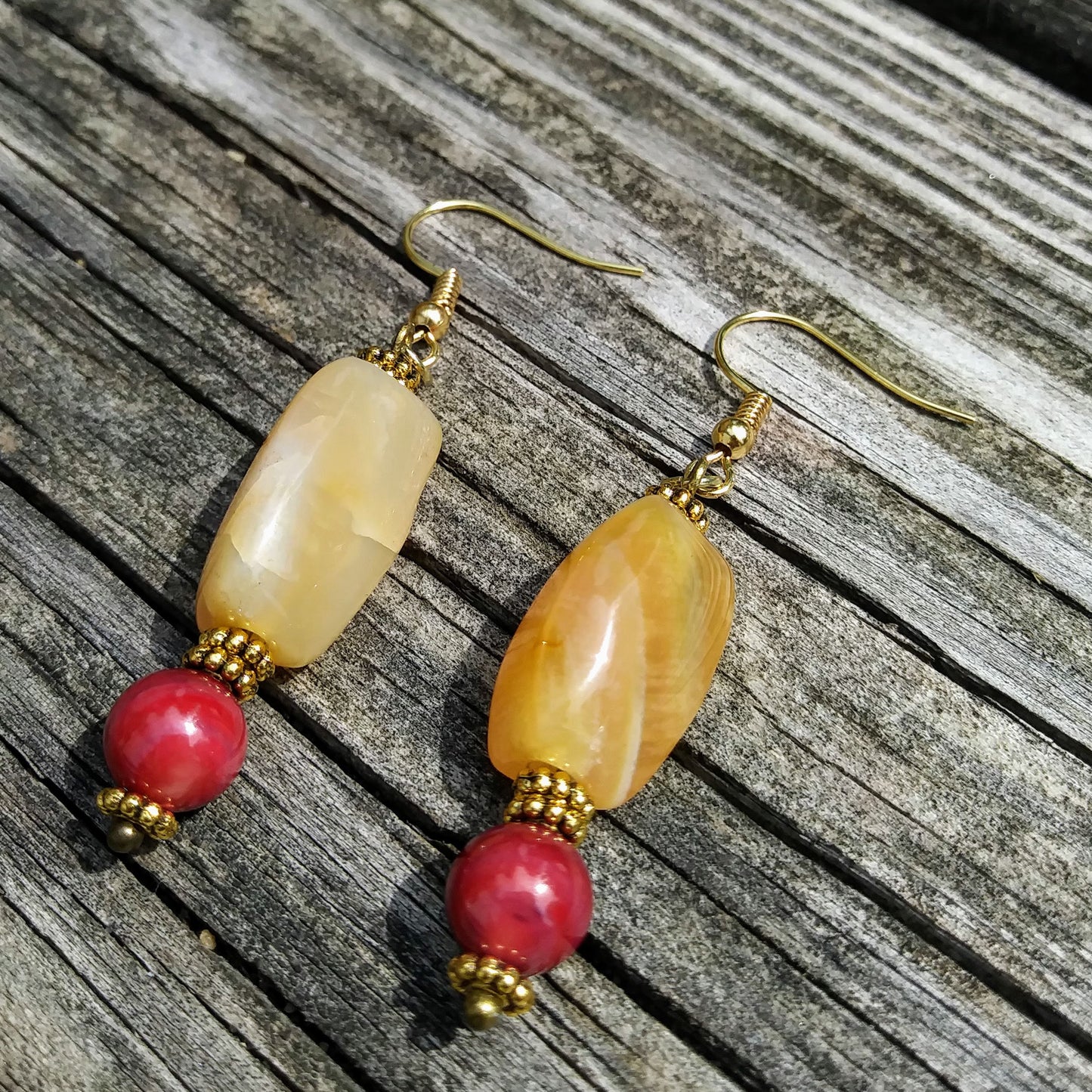 Upcycled Golden Orange Gemstone & Berry Red Statement Earrings