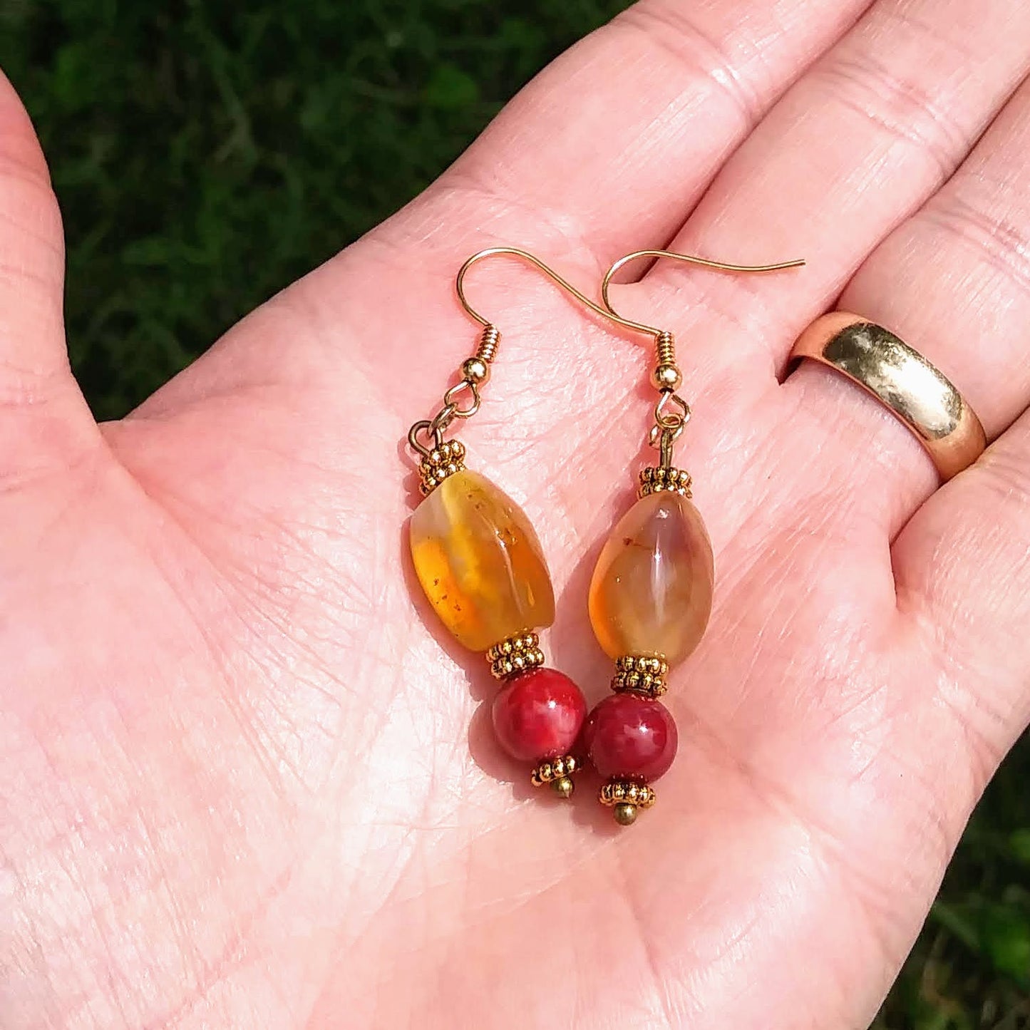 Upcycled Golden Orange Gemstone & Berry Red Statement Earrings