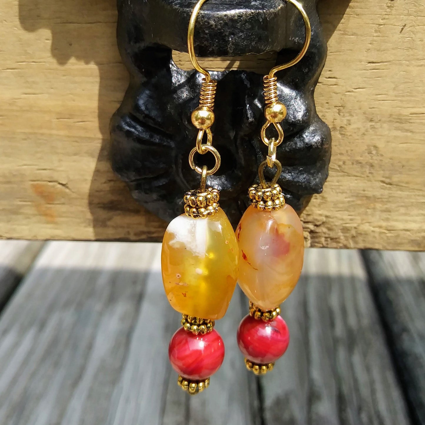 Upcycled Golden Orange Gemstone & Berry Red Statement Earrings