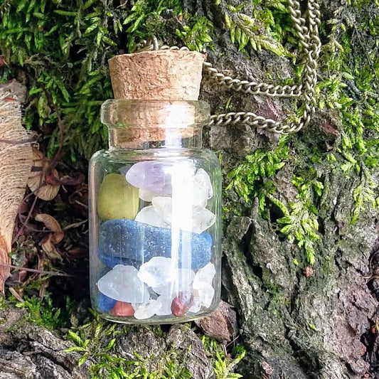 Rainbow Chakra Gemstones Corked Glass Bottle Pendant Necklace