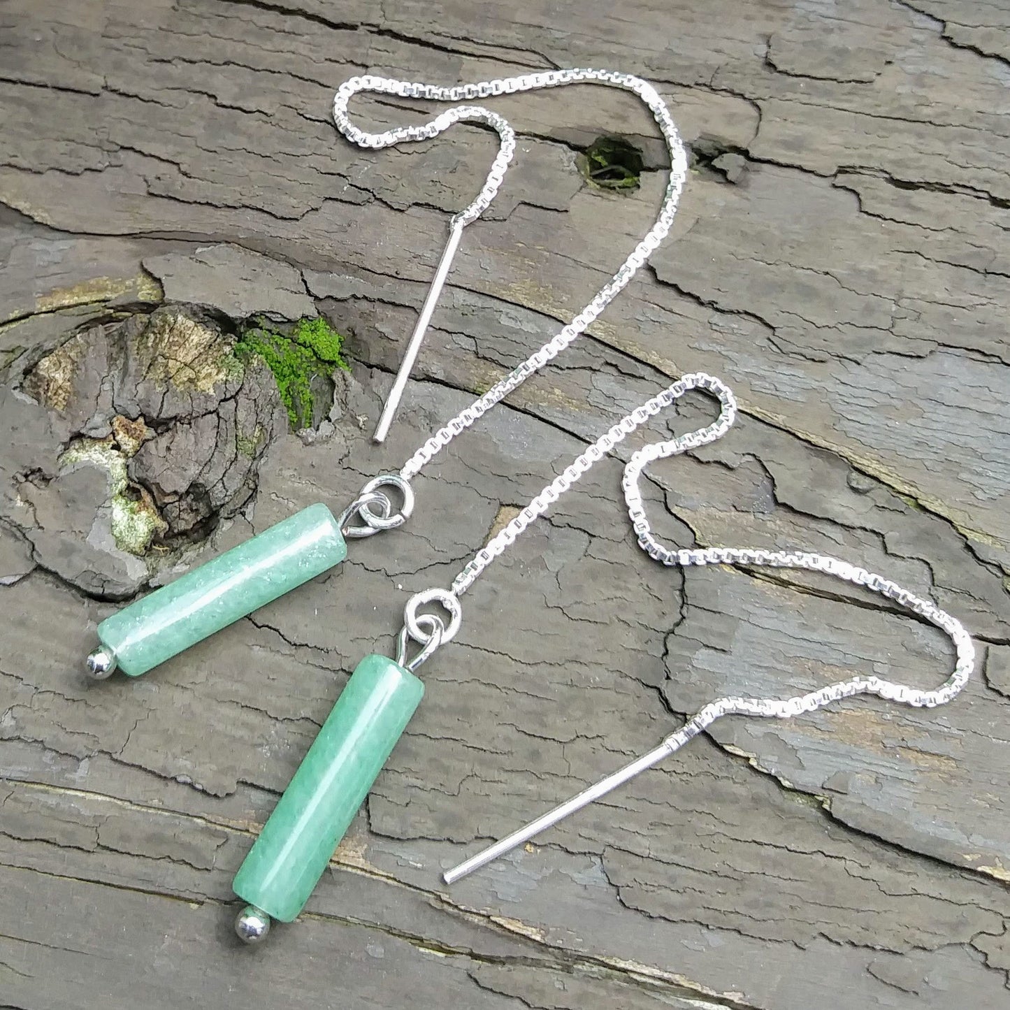 Green Aventurine Threader Earrings  - 4 inch 0.925 Sterling Silver Threads