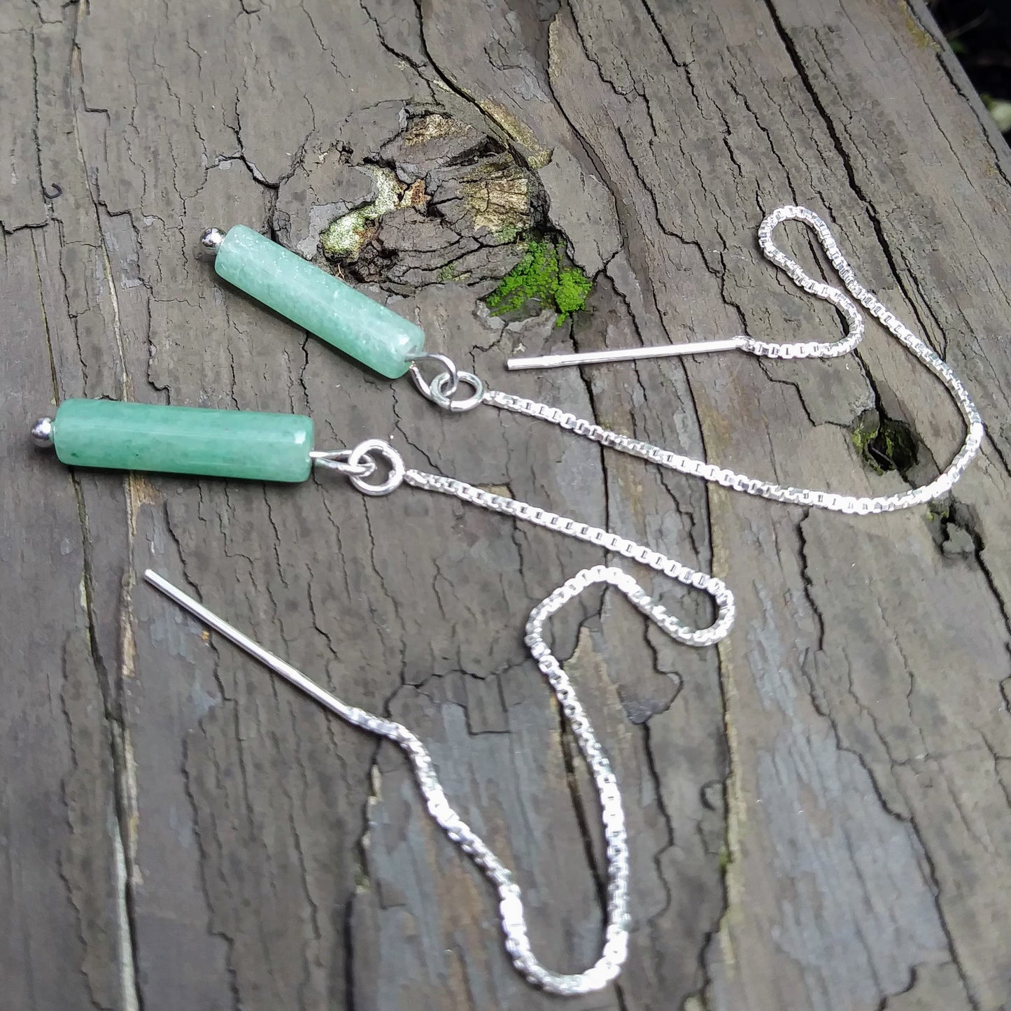 Green Aventurine Threader Earrings  - 4 inch 0.925 Sterling Silver Threads