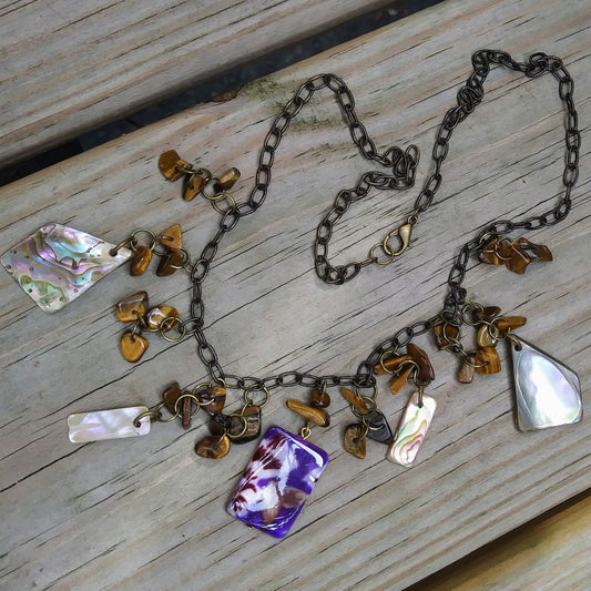 Upcycled Natural Shell & Tigers Eye Purple Assemblage Necklace Set w Earrings