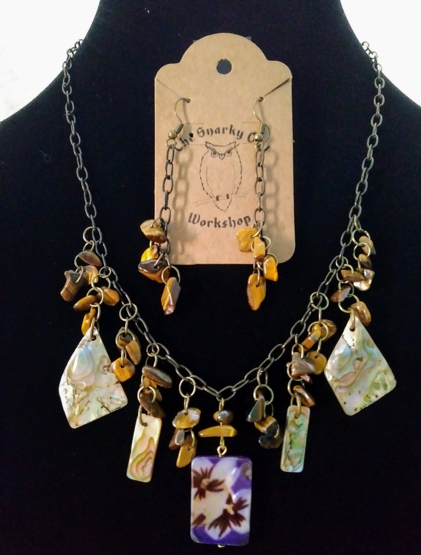 Upcycled Natural Shell & Tigers Eye Purple Assemblage Necklace Set w Earrings