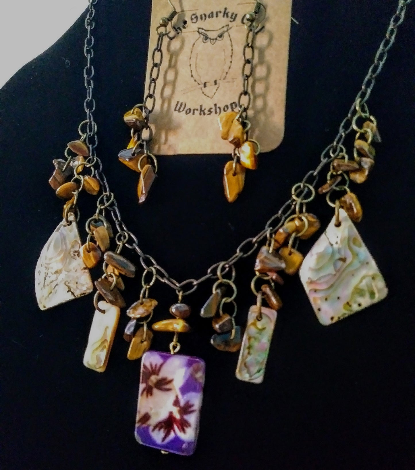 Upcycled Natural Shell & Tigers Eye Purple Assemblage Necklace Set w Earrings