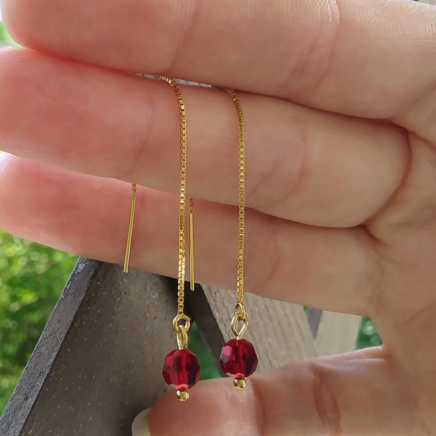 Red Austrian Crystal Threader Earrings - 14K Gold Filled Threads