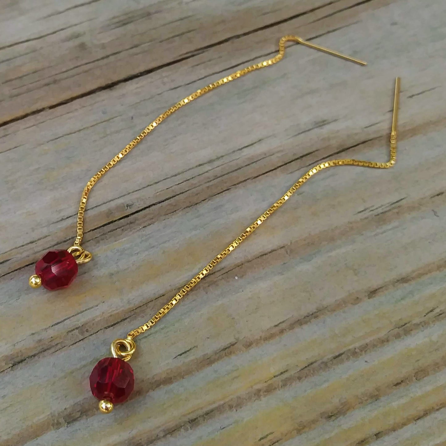Red Austrian Crystal Threader Earrings - 14K Gold Filled Threads