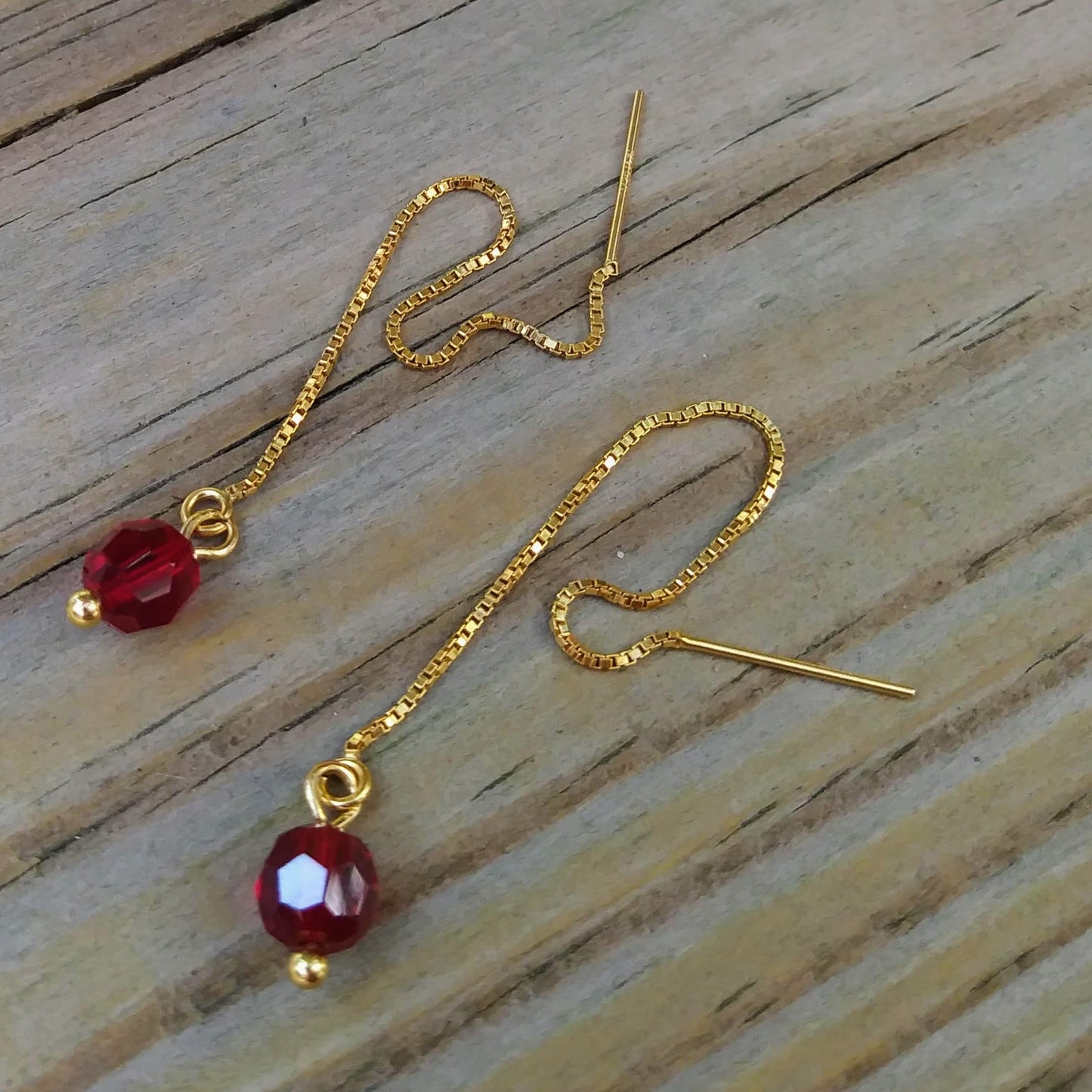 Red Austrian Crystal Threader Earrings - 14K Gold Filled Threads