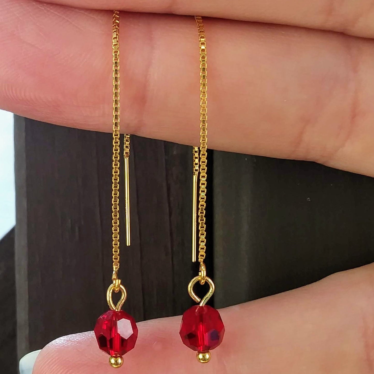 Red Austrian Crystal Threader Earrings - 14K Gold Filled Threads