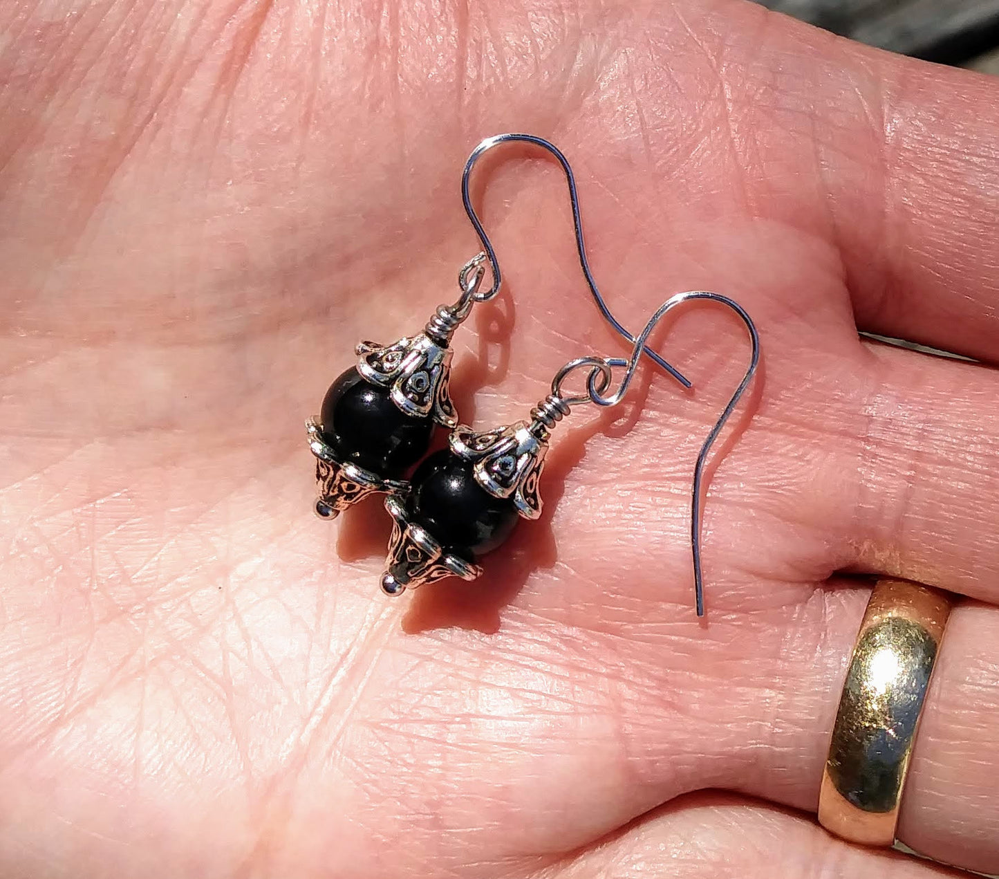 Black Onyx & Silver Floral Dangle Earrings
