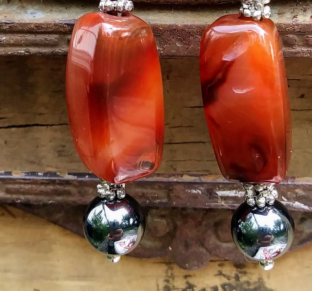 Upcycled Gemstone Burnt Orange Statement Earrings