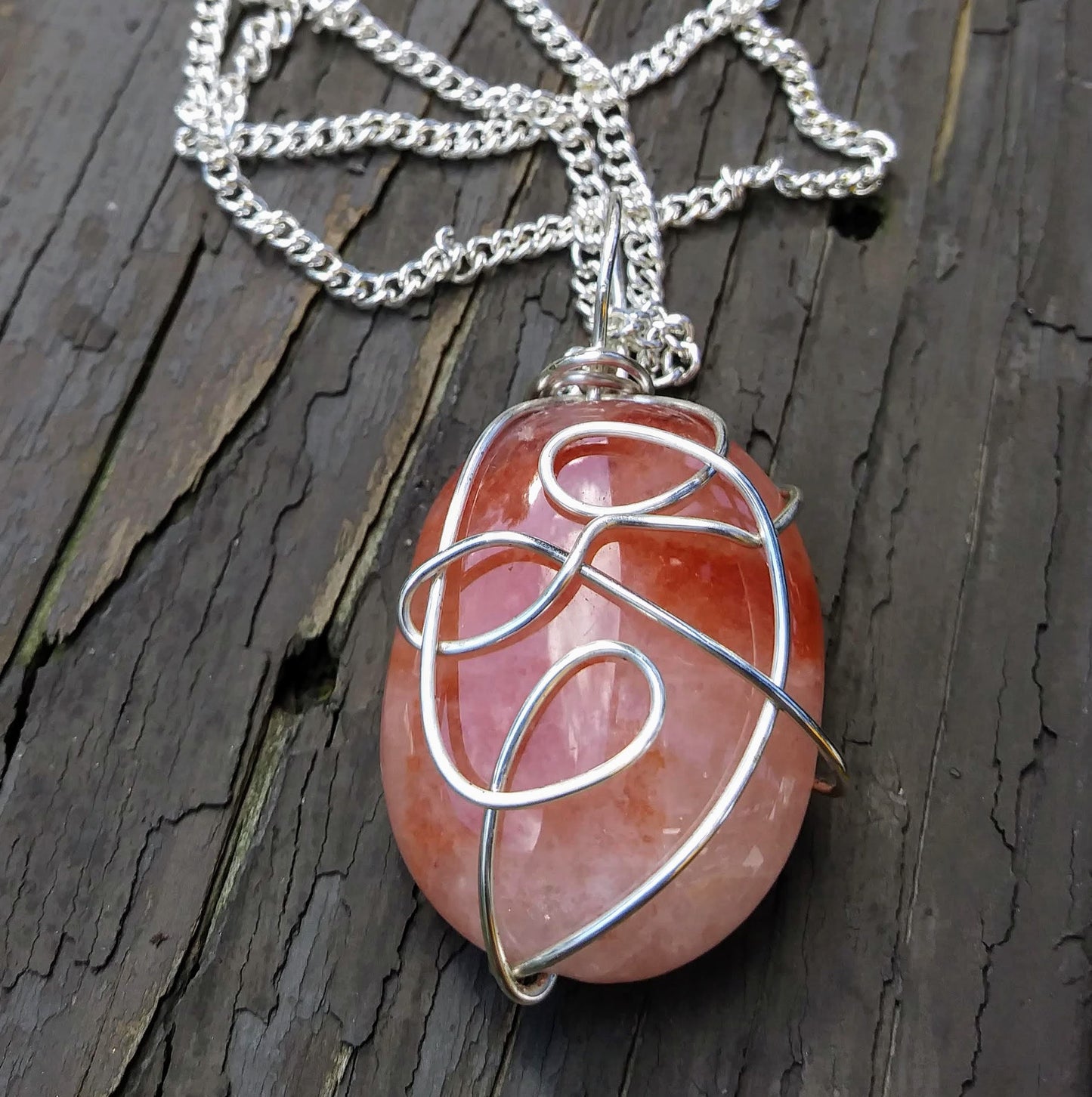 Crazy Wire Wrapped Upcycled Large Pink Gemstone Pendant