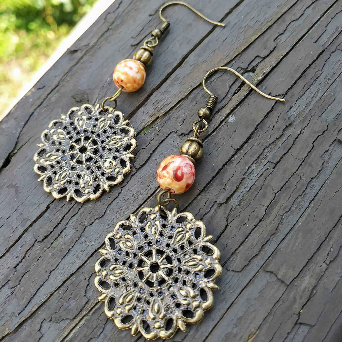 Burnt Orange Spanish Filigree Boho Chic Statement Earrings