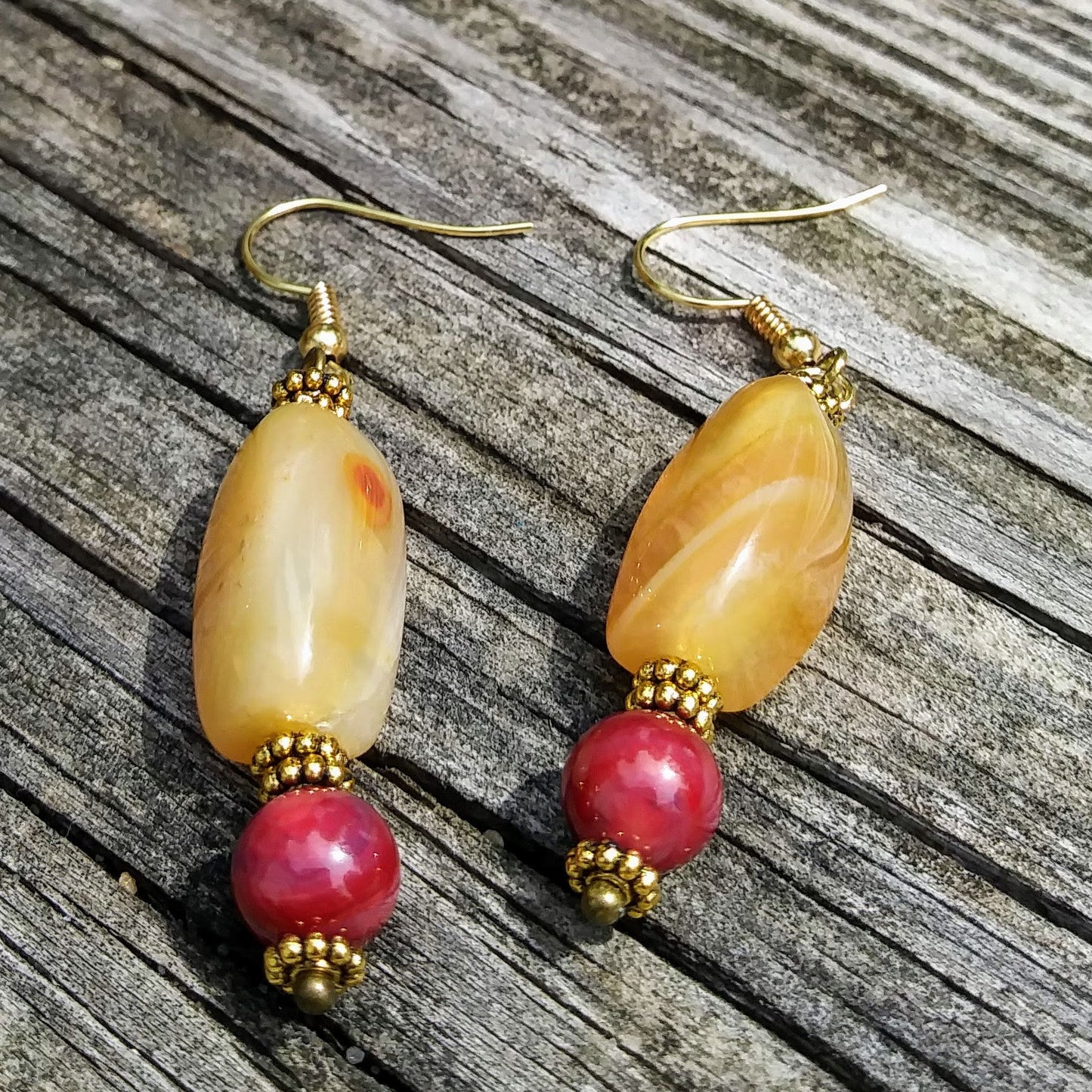 Upcycled Golden Orange Gemstone & Berry Red Statement Earrings