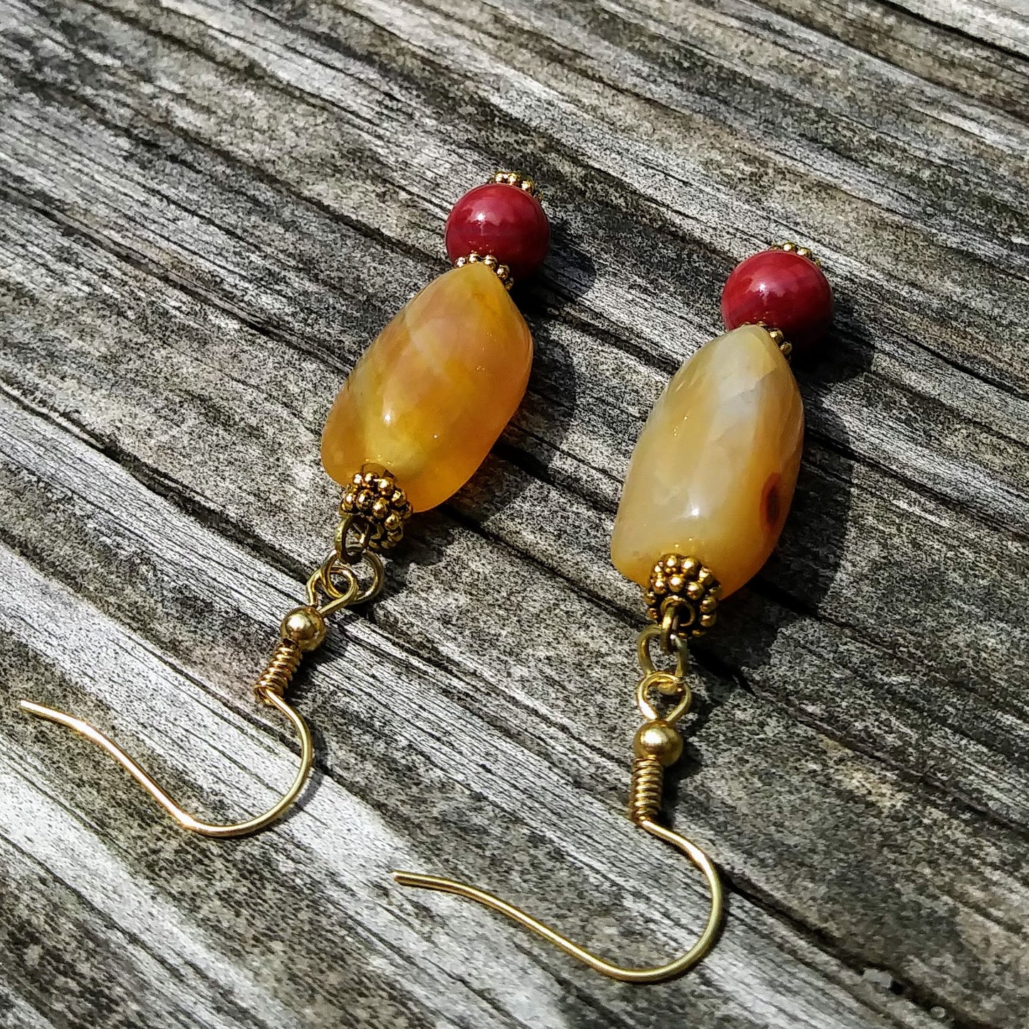 Upcycled Golden Orange Gemstone & Berry Red Statement Earrings