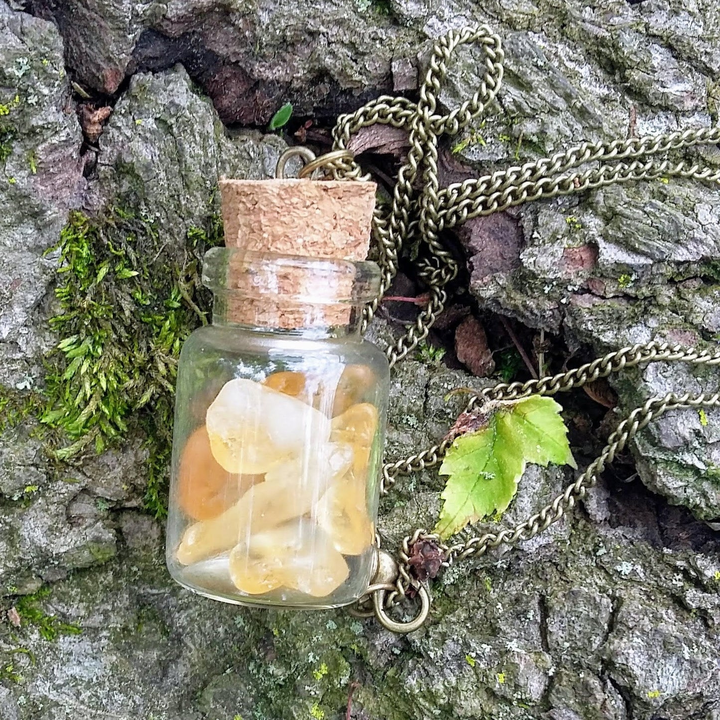 Natural Citrine Corked Glass Bottle Pendant Necklace