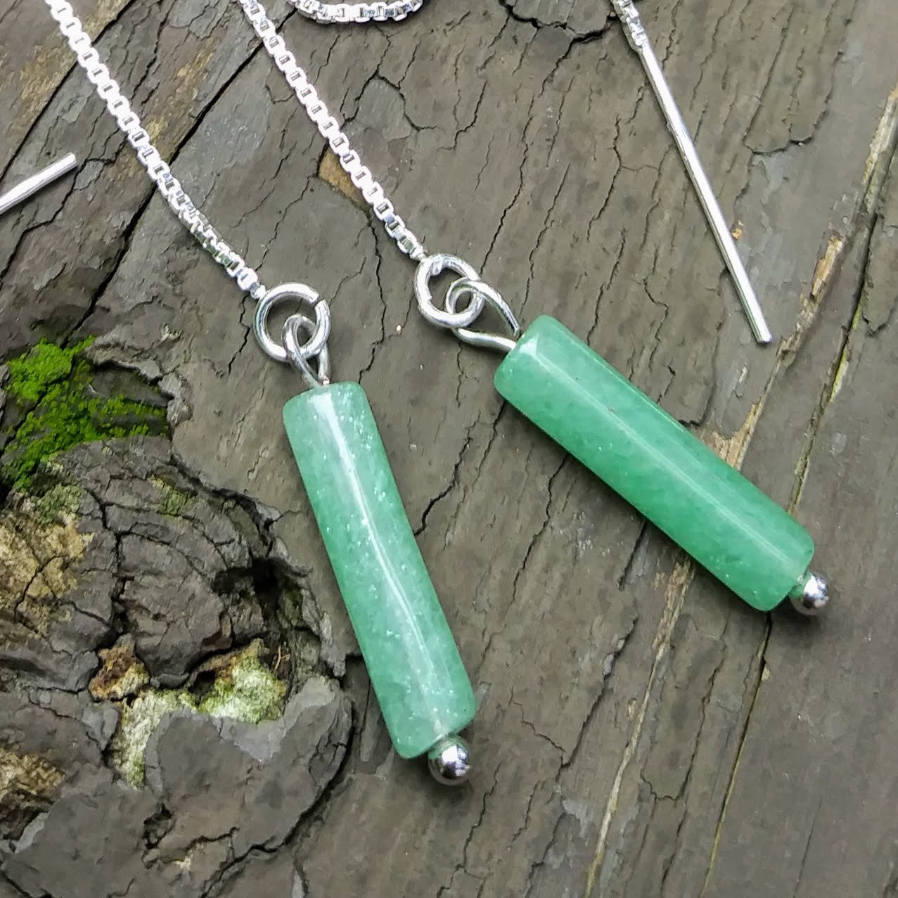 Green Aventurine Threader Earrings  - 4 inch 0.925 Sterling Silver Threads