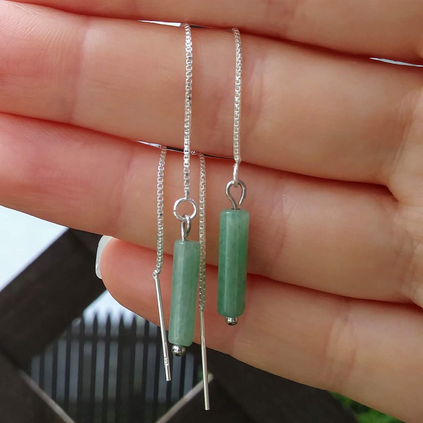 Green Aventurine Threader Earrings  - 4 inch 0.925 Sterling Silver Threads
