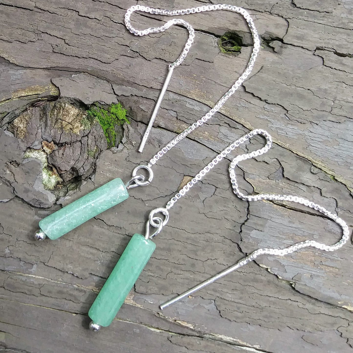 Green Aventurine Threader Earrings  - 4 inch 0.925 Sterling Silver Threads