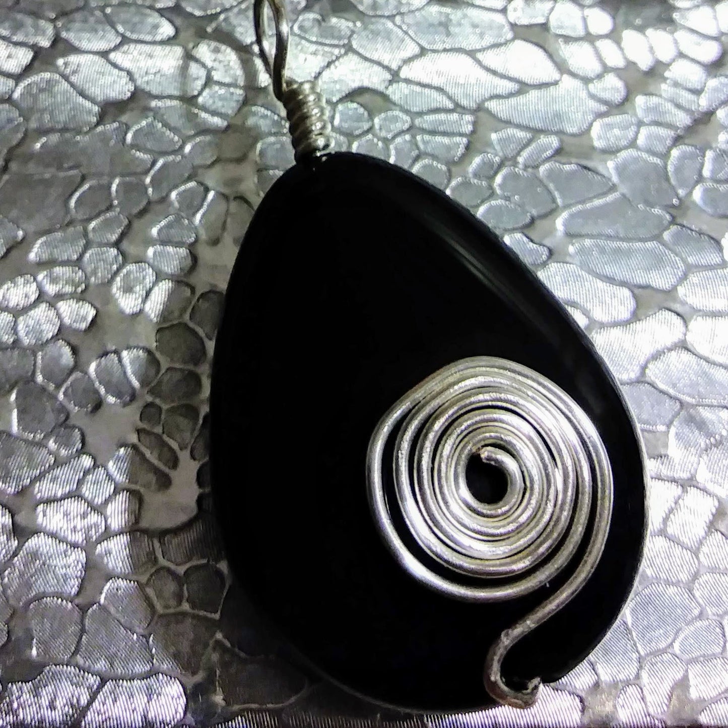 Glossy Black Onyx Teardrop Pendant w Silver Spiral Wire Wrap