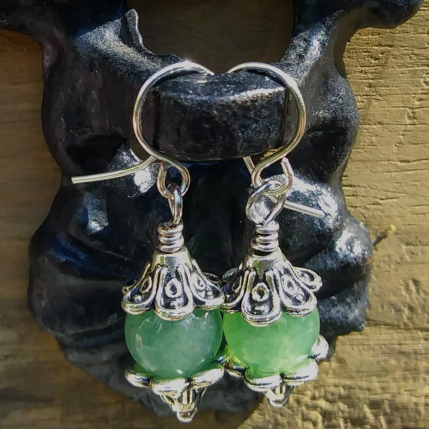 Green Aventurine & Silver Floral Dangle Earrings