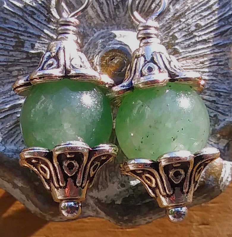 Green Aventurine & Silver Floral Dangle Earrings