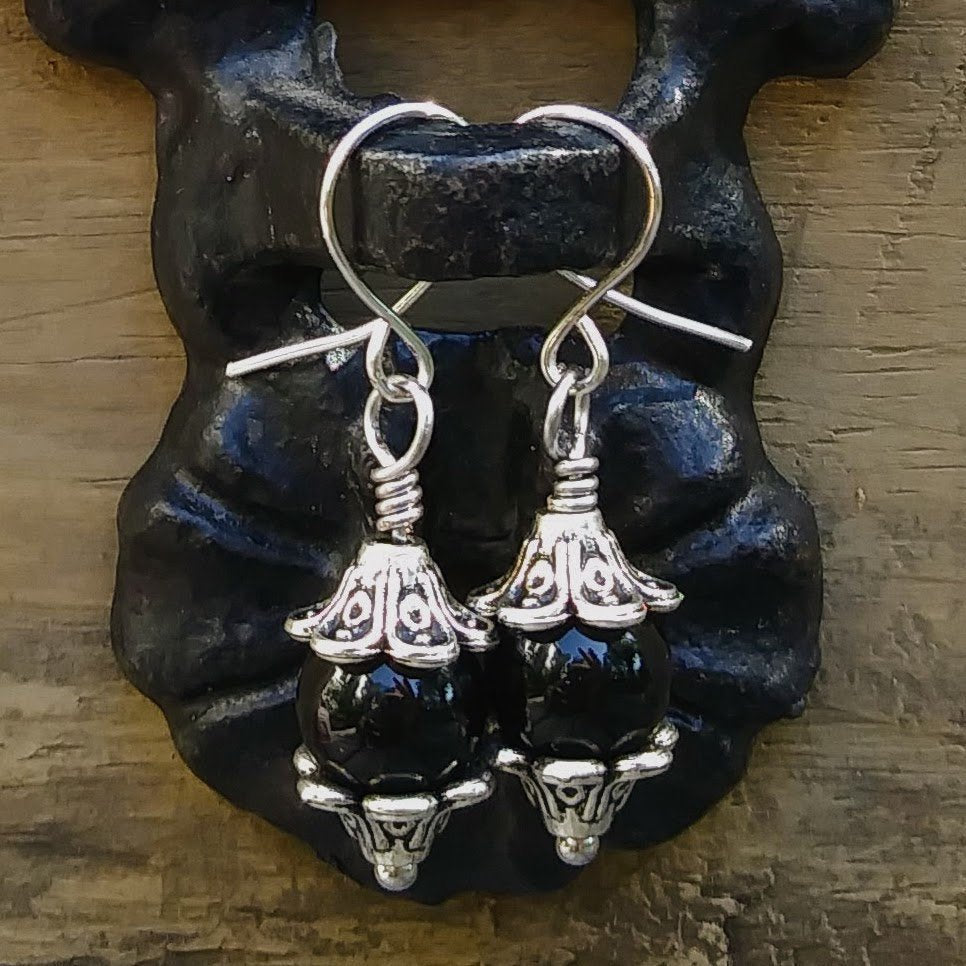 Black Onyx & Silver Floral Dangle Earrings