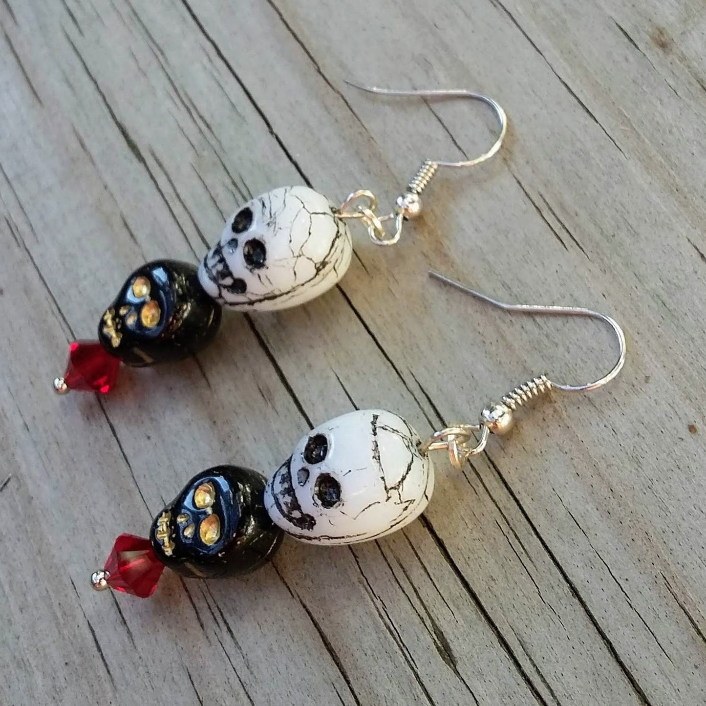 Black Skull White Skull Dangle Earrings with Red Austrian Crystals