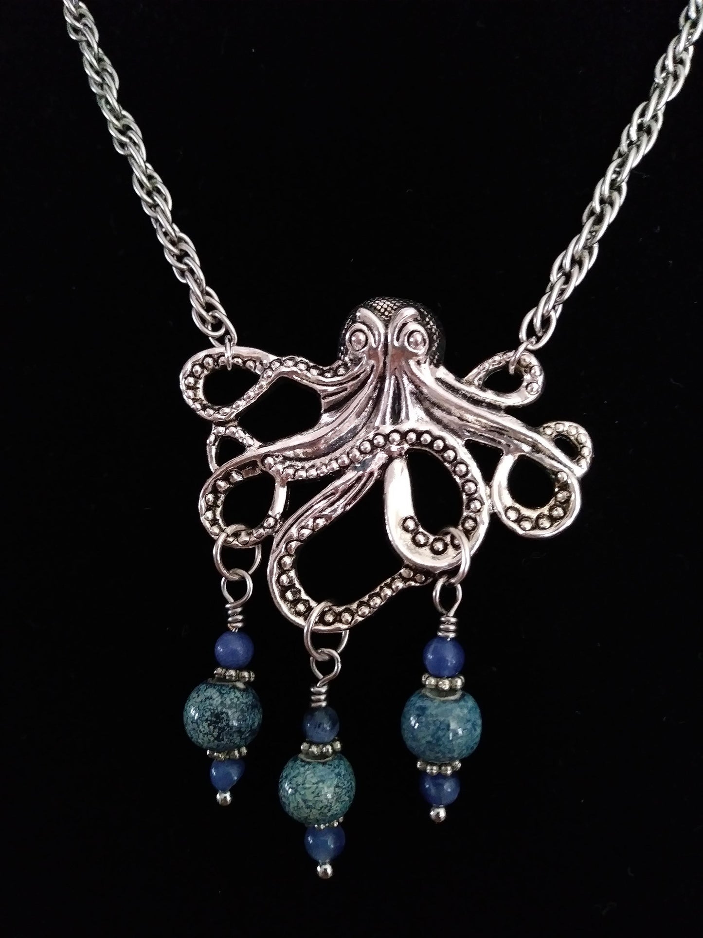 Ocean Blue Silver Kraken Octopus Necklace on Thick Silver Rope Chain