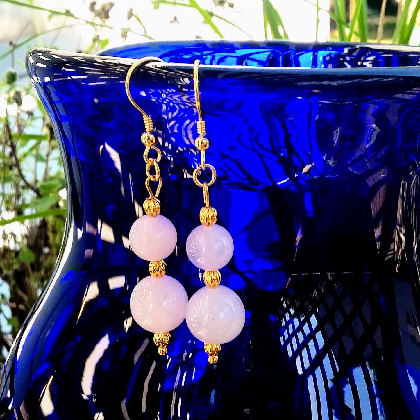 Double Rose Quartz Stacked Gold Dangle Earrings