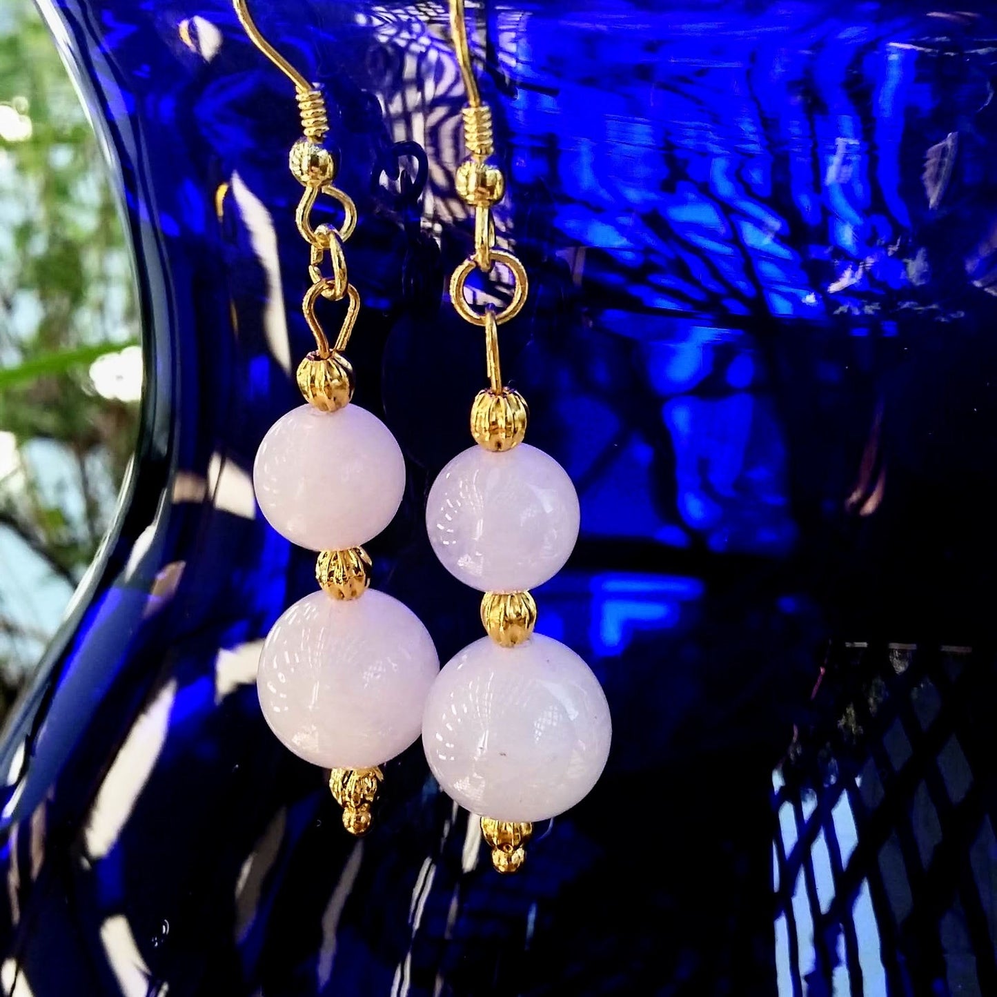 Double Rose Quartz Stacked Gold Dangle Earrings