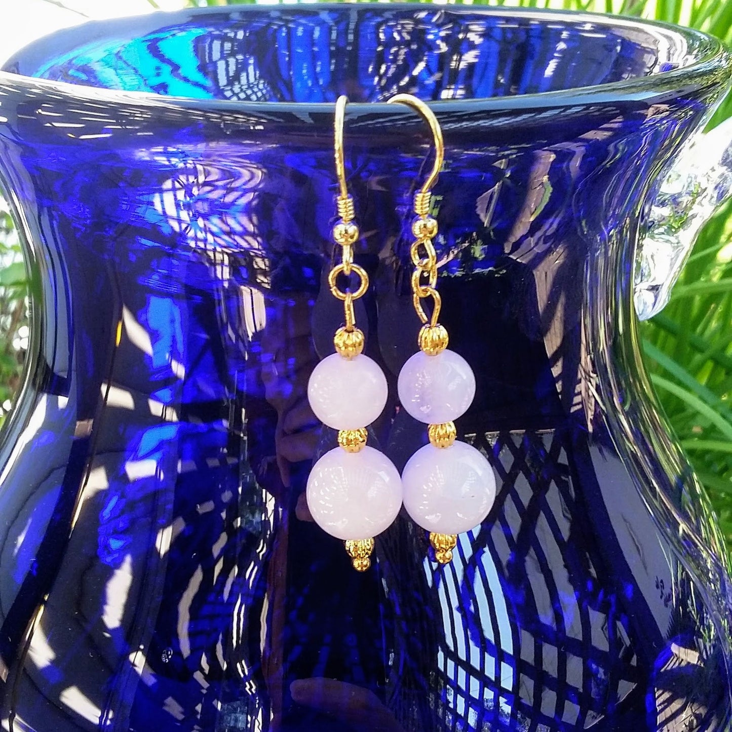Double Rose Quartz Stacked Gold Dangle Earrings